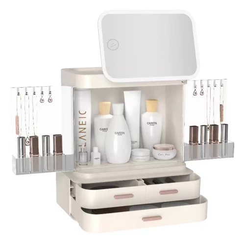 Kosmetikschrank | Organizer | Kommode | Helles Beige | Beleuchteter Spiegel