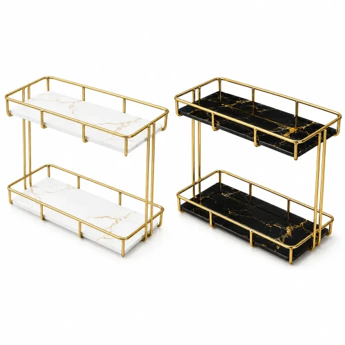 Vergoldeter Glas-Organizer | Regalständer mit Ablagen für Kosmetika      (1)