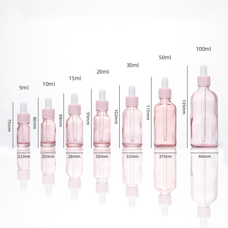 Różowa butelka szklana z pipetą | pojemnik na serum | olejek | różne pojemności, wymiary butelek